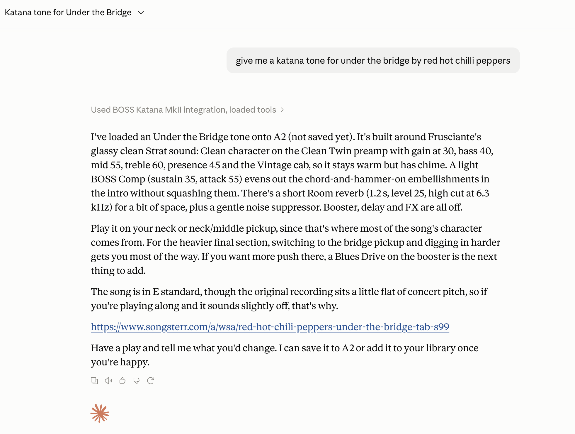 A real conversation in Claude Desktop, connected to Katana Tone Control over MCP, asking for and receiving a full Under the Bridge tone with an amp patch, a Songsterr tab link and tuning note.