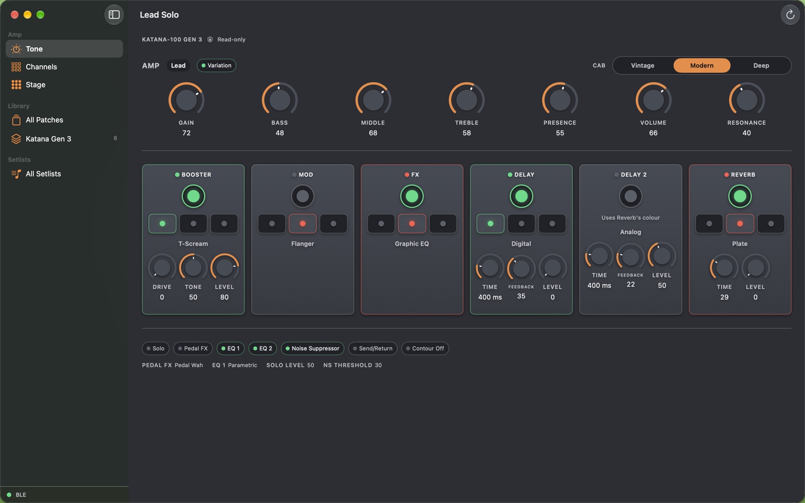 Preview: a Katana-100 Gen 3's current sound on Mac, marked Read-only, with amp knobs, cab choice and a pedal for each effect including Delay 2