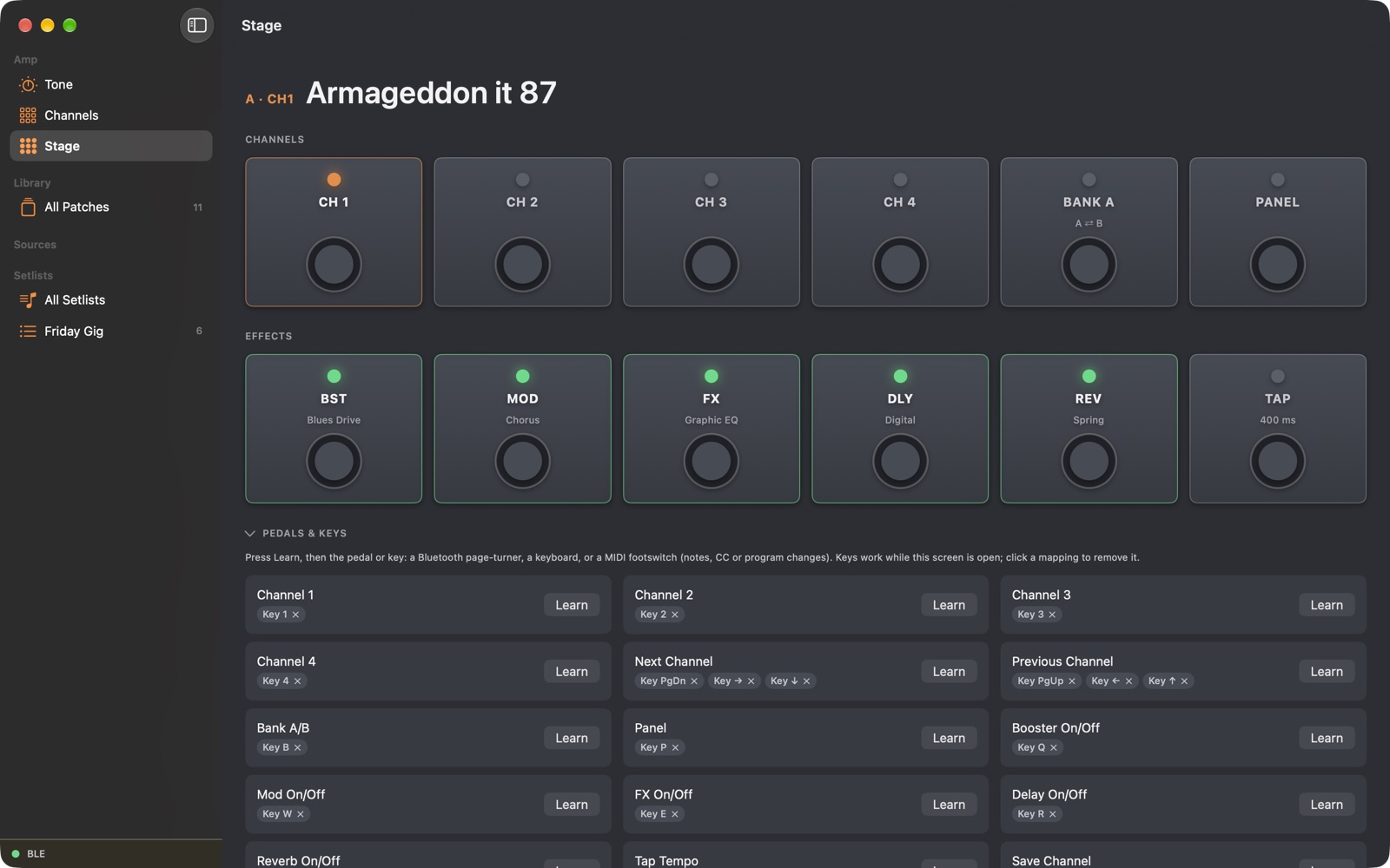 Stage mode on Mac with big footswitches for channels and effects