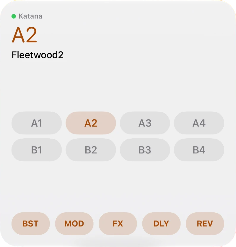 Large iPhone Home Screen widget: connected, channel A2 'Fleetwood2', with A1–B4 channel buttons and lit effect buttons