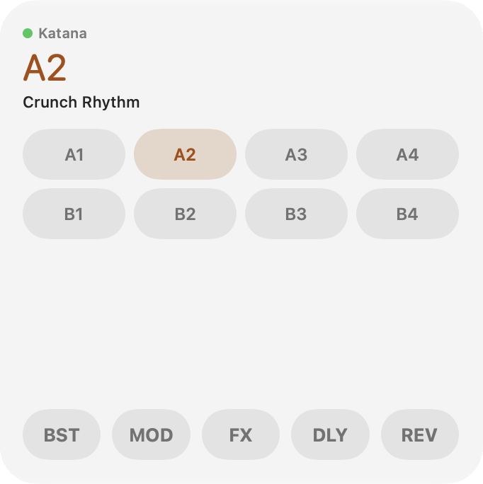 Large Mac desktop widget: connected, channel A2 'Crunch Rhythm', with A1–B4 channel buttons and effect buttons